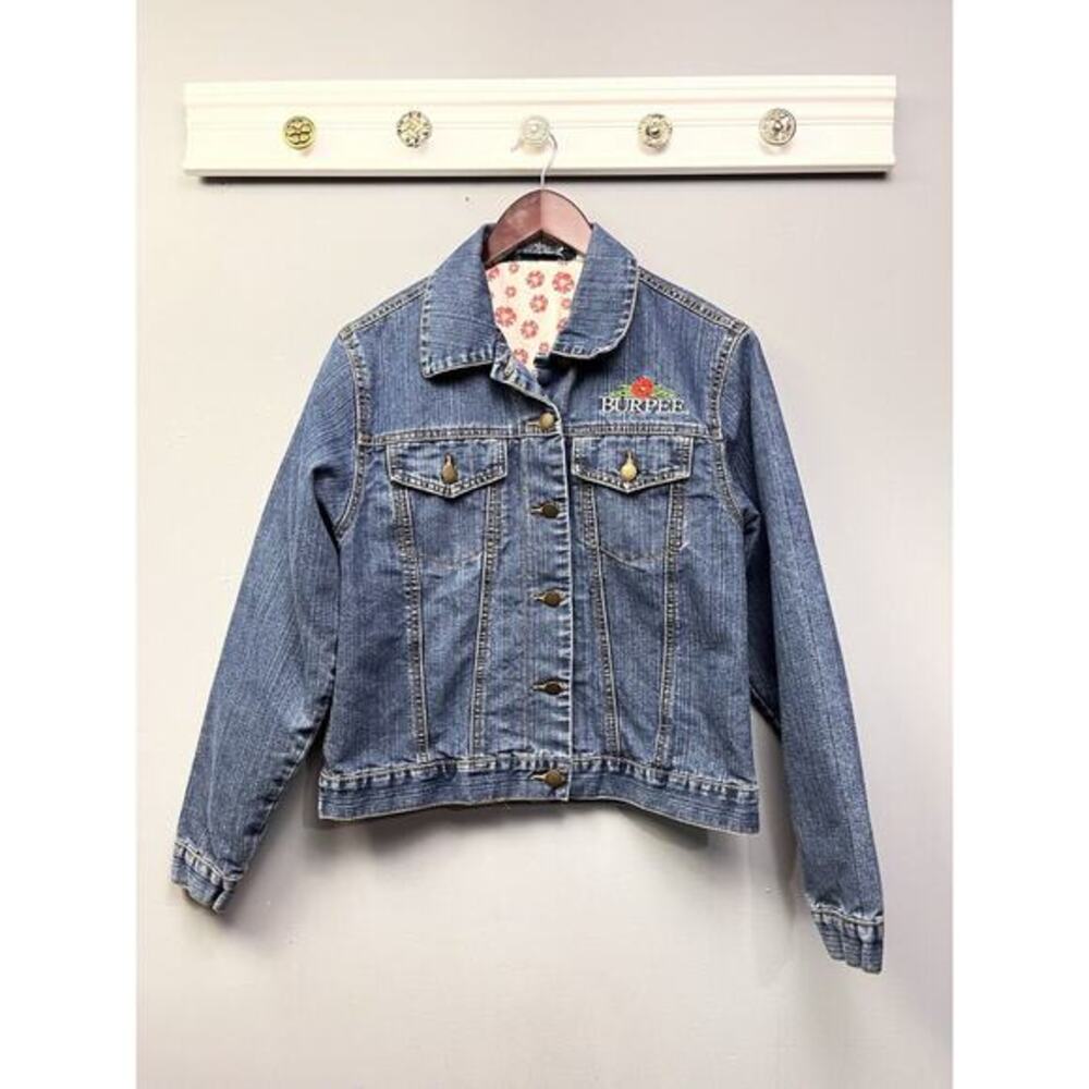 Burpees Denim Jacket Womens Medium Trucker Jean button front floral lined pocket